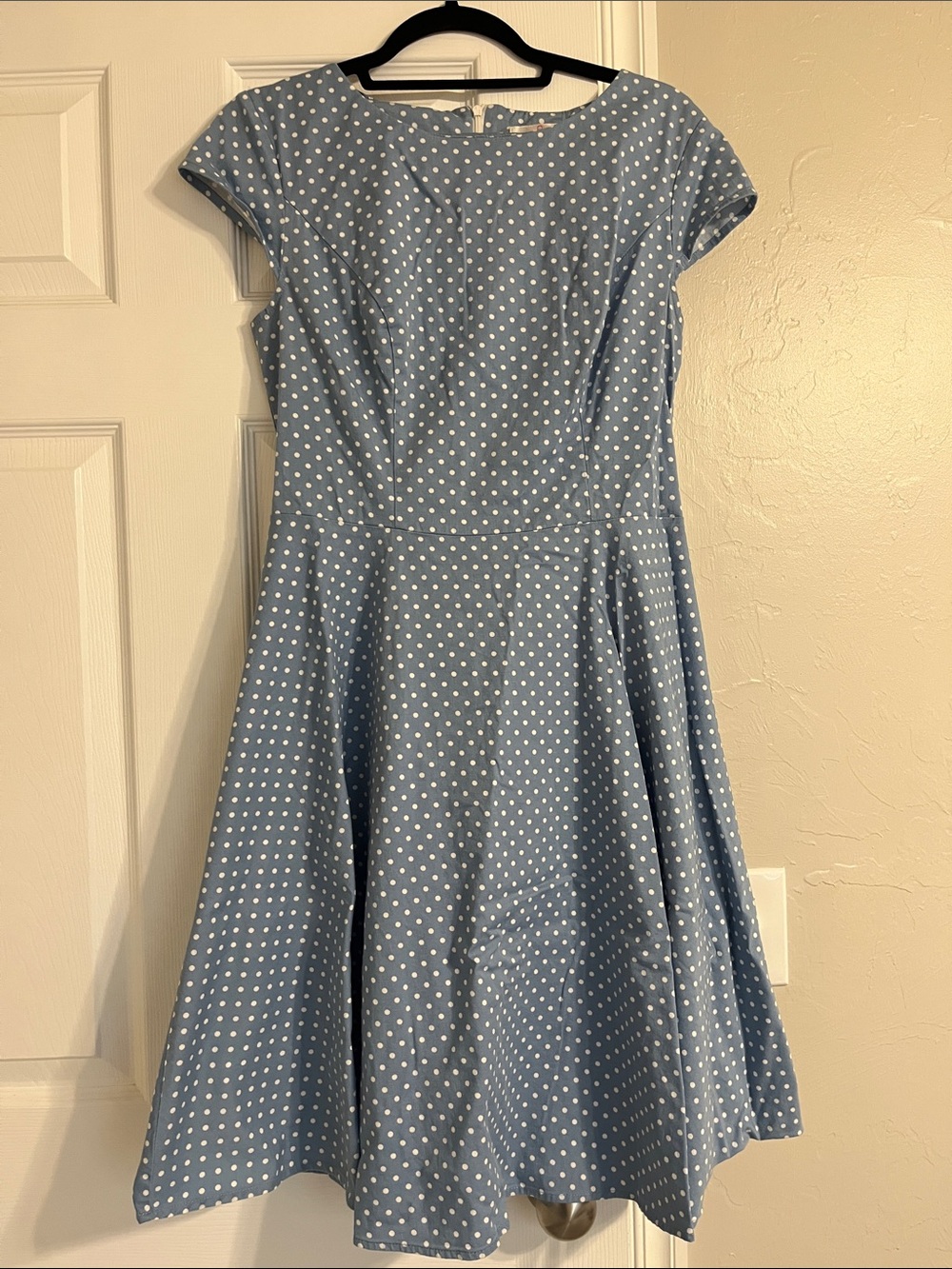 Classic Blue Polka-Dot Midi Dress with Cap Sleeves